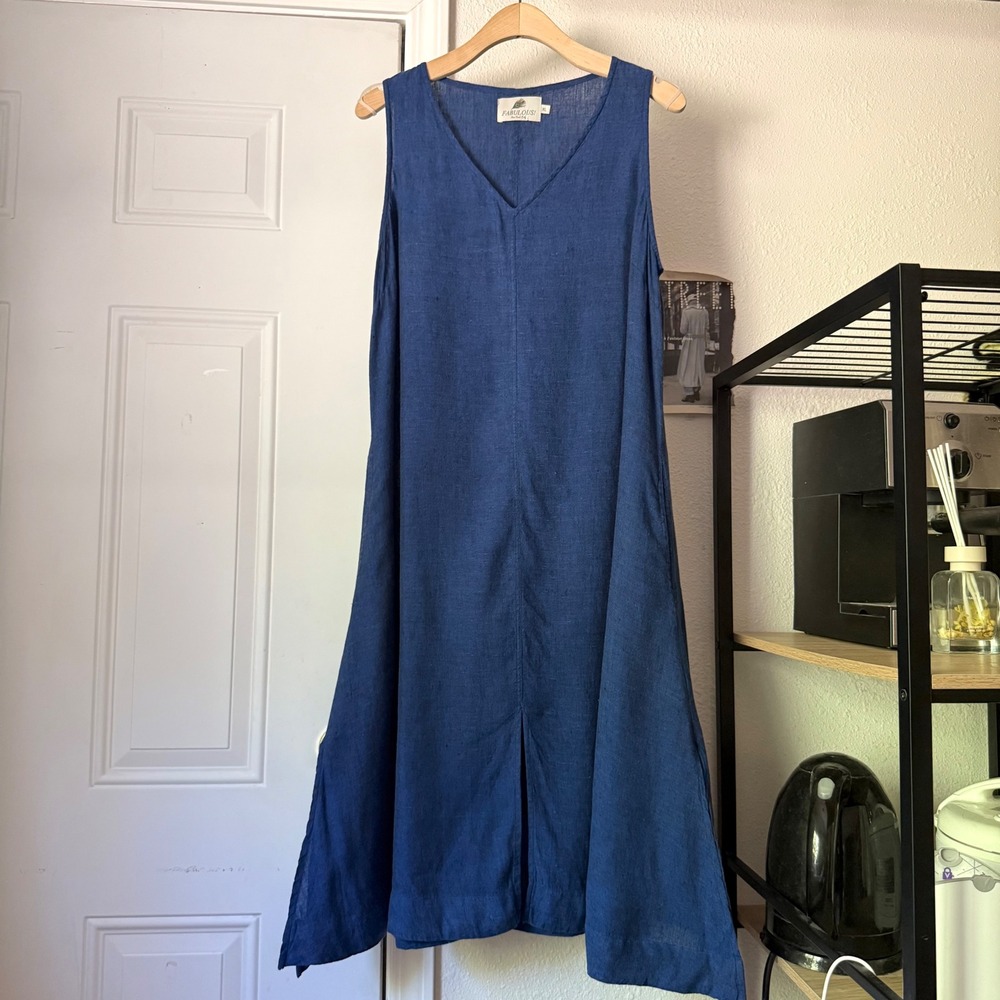 FABULOUS! nyc blue linen v-neck slow sustainable sleeveless midi dress